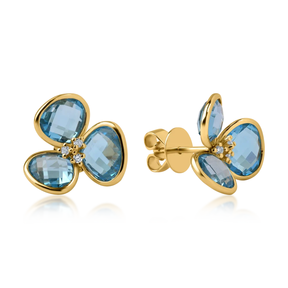Cercei floare din aur galben cu topaze albastre de 10.3ct si diamante de 0.09ct