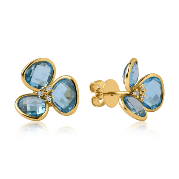 Cercei floare din aur galben cu topaze albastre de 10.3ct si diamante de 0.09ct