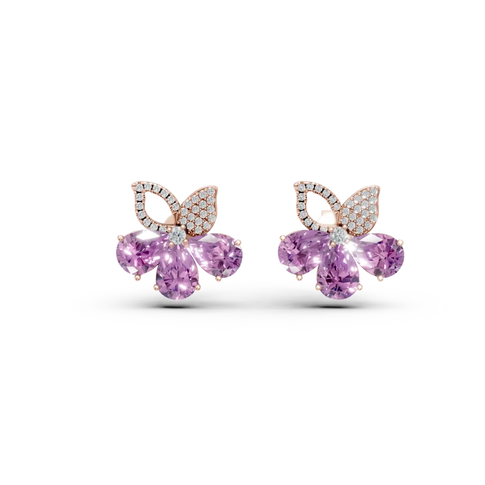 Cercei floare din aur roz cu ametiste pear de 5.9ct si diamante de 0.4ct