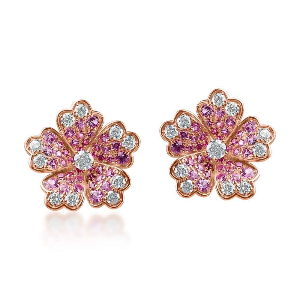 Cercei floare din aur roz cu diamante de 0.6ct si safire roz de 1.1ct - imagine 2