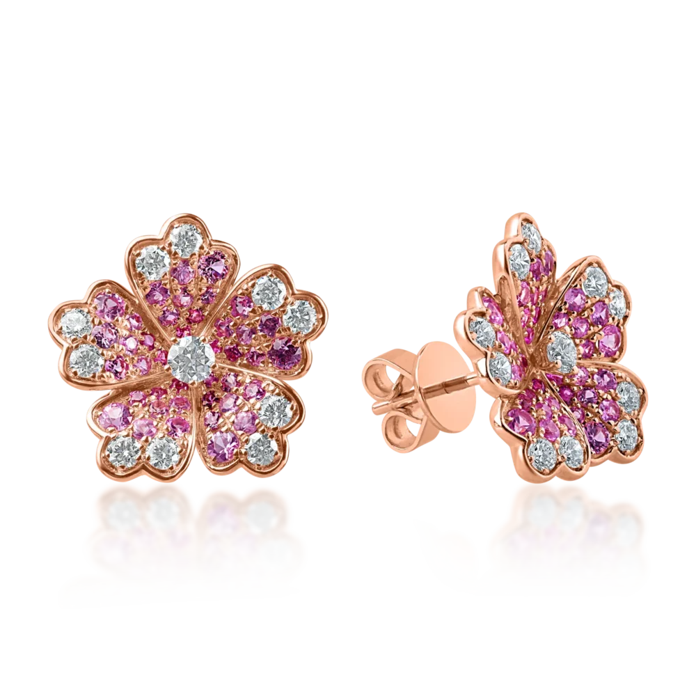 Cercei floare din aur roz cu diamante de 0.6ct si safire roz de 1.1ct