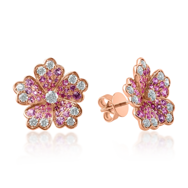 Cercei floare din aur roz cu diamante de 0.6ct si safire roz de 1.1ct