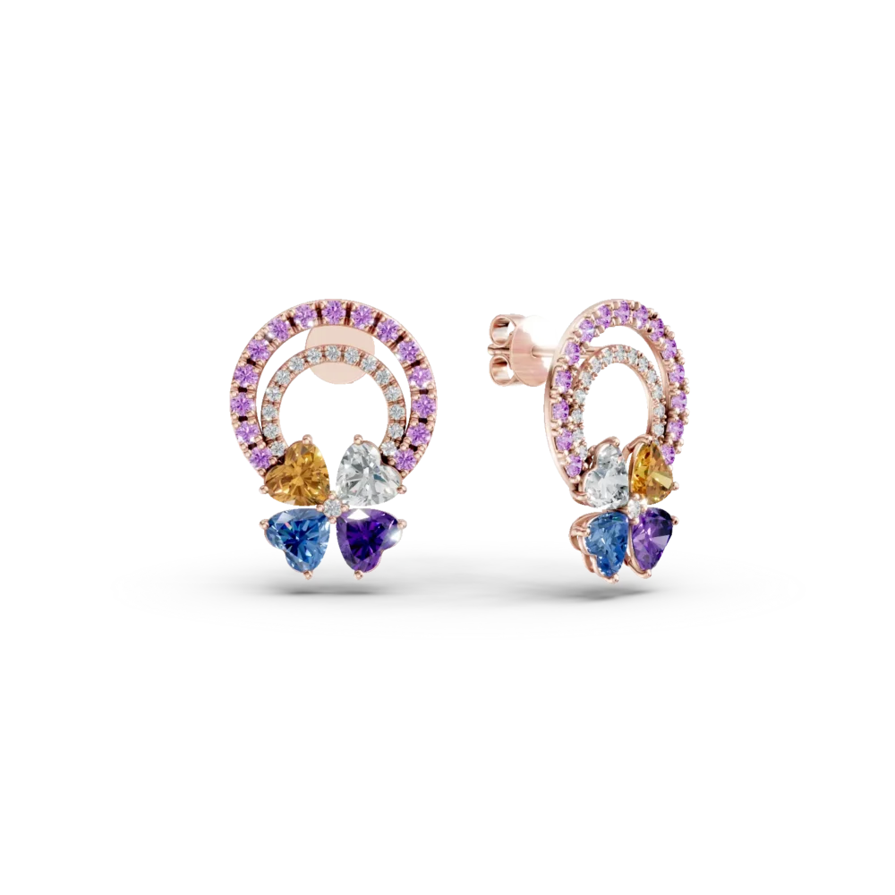 Cercei floare din aur roz cu pietre pretioase si semipretioase de 2.8ct