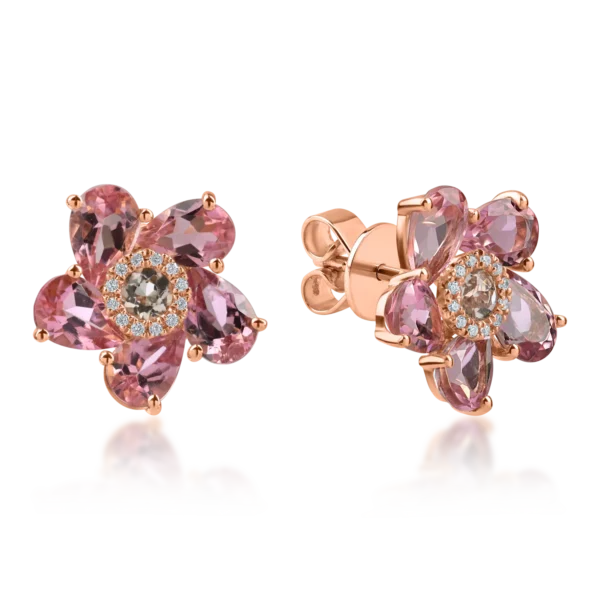 Cercei floare din aur roz cu pietre pretioase si semipretioase de 4.6ct