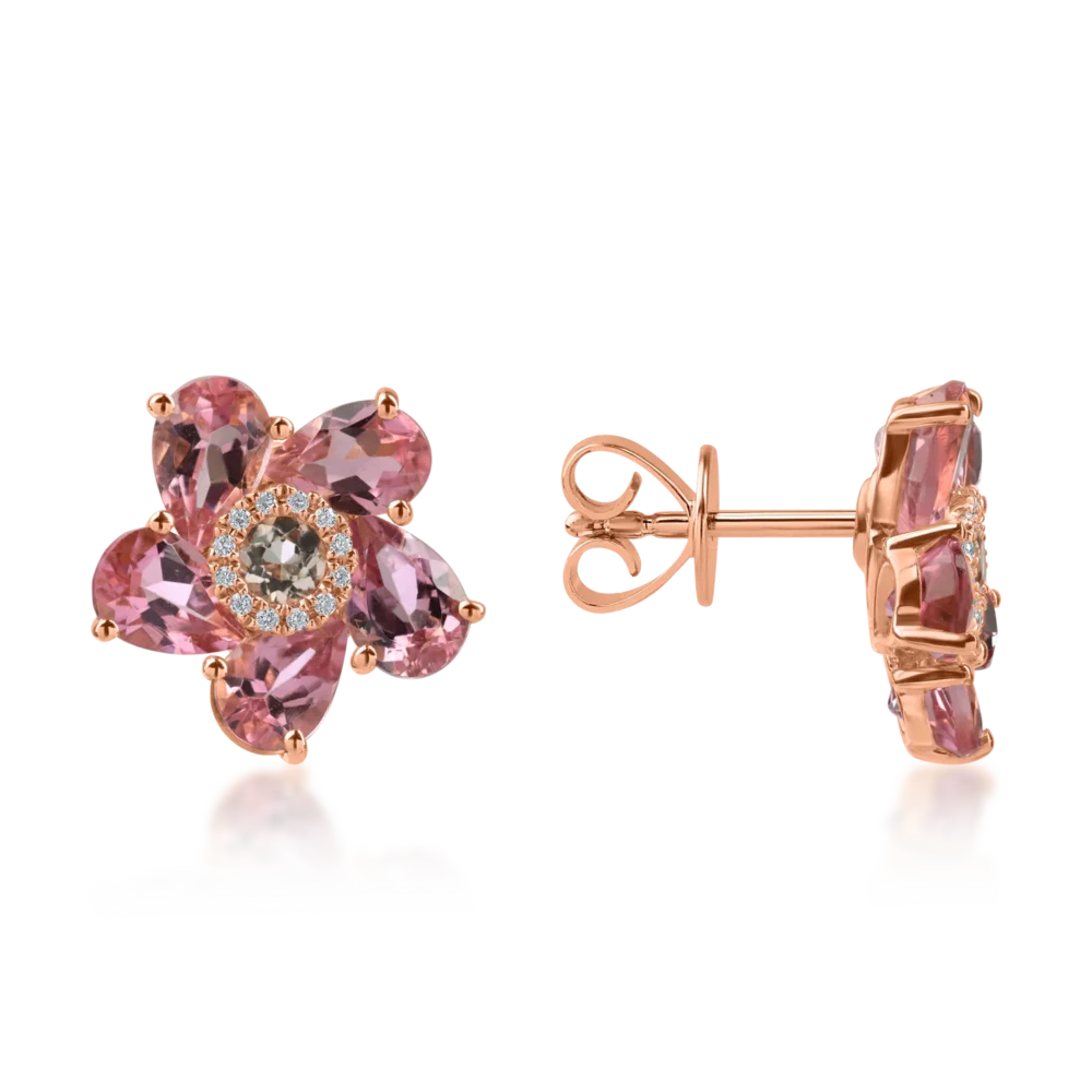 Cercei floare din aur roz cu pietre pretioase si semipretioase de 4.6ct - imagine 3