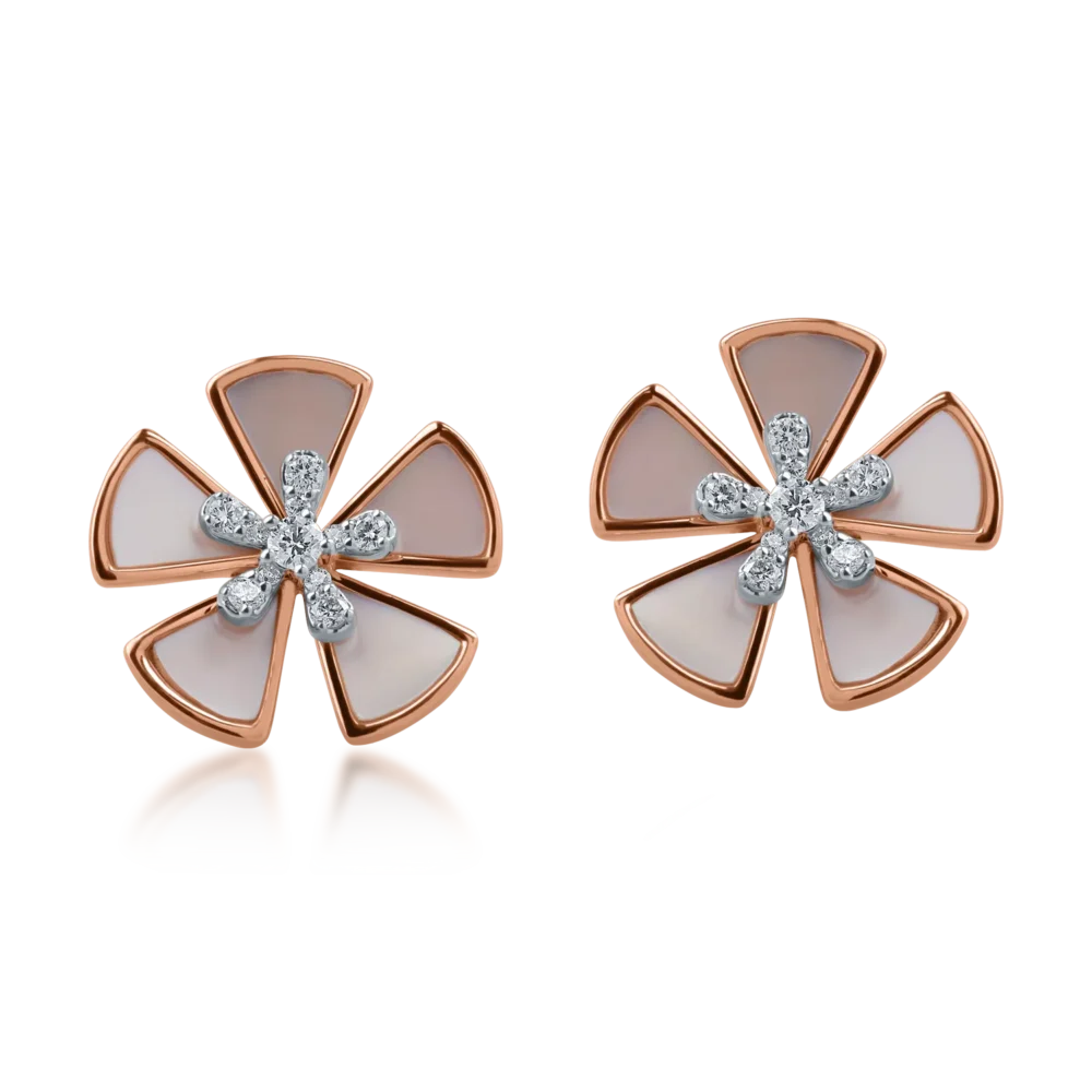 Cercei floare din aur roz cu sidef triangle de 2.89ct si diamante de 0.282ct - imagine 2