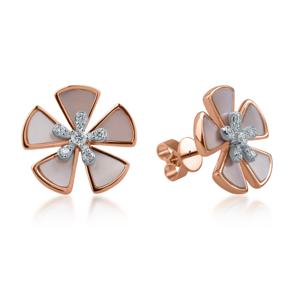 Cercei floare din aur roz cu sidef triangle de 2.89ct si diamante de 0.282ct