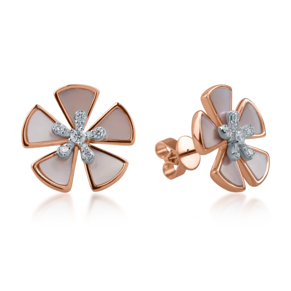 Cercei floare din aur roz cu sidef triangle de 2.89ct si diamante de 0.282ct