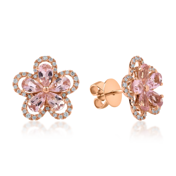 Cercei floare din aur roz cu turmaline roz pear de 1.9ct si diamante de 0.31ct