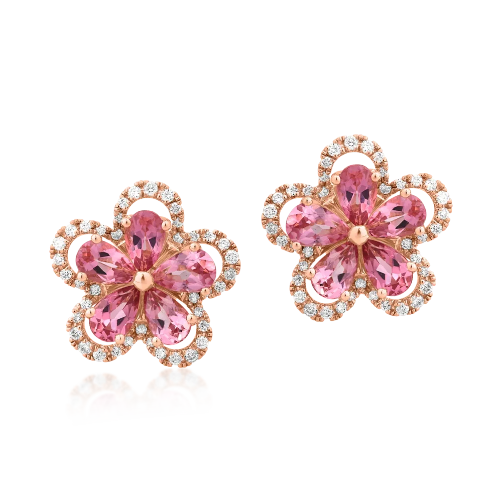 Cercei floare din aur roz cu turmaline roz pear de 1.9ct si diamante de 0.29ct - imagine 2