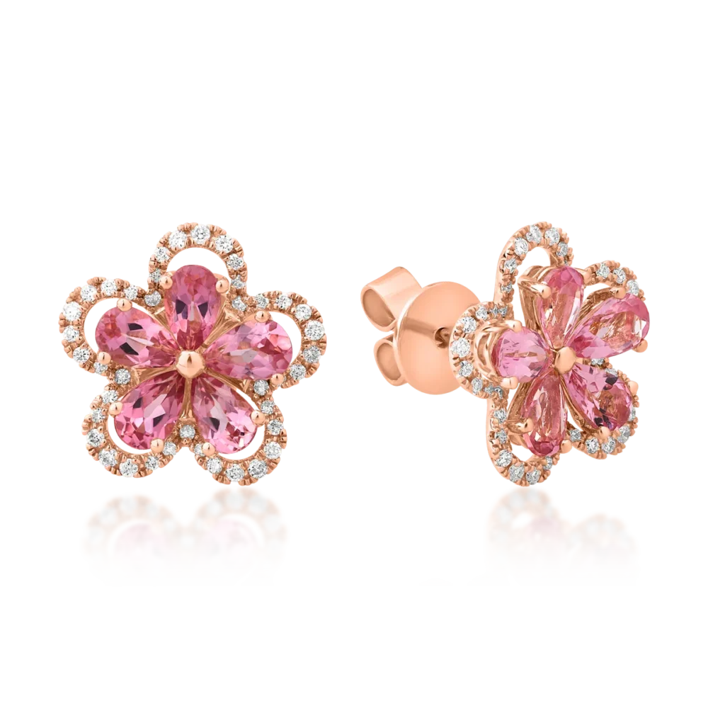 Cercei floare din aur roz cu turmaline roz pear de 1.9ct si diamante de 0.29ct