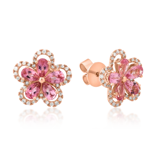 Cercei floare din aur roz cu turmaline roz pear de 1.9ct si diamante de 0.29ct
