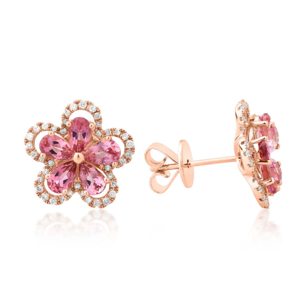 Cercei floare din aur roz cu turmaline roz pear de 1.9ct si diamante de 0.29ct - imagine 3
