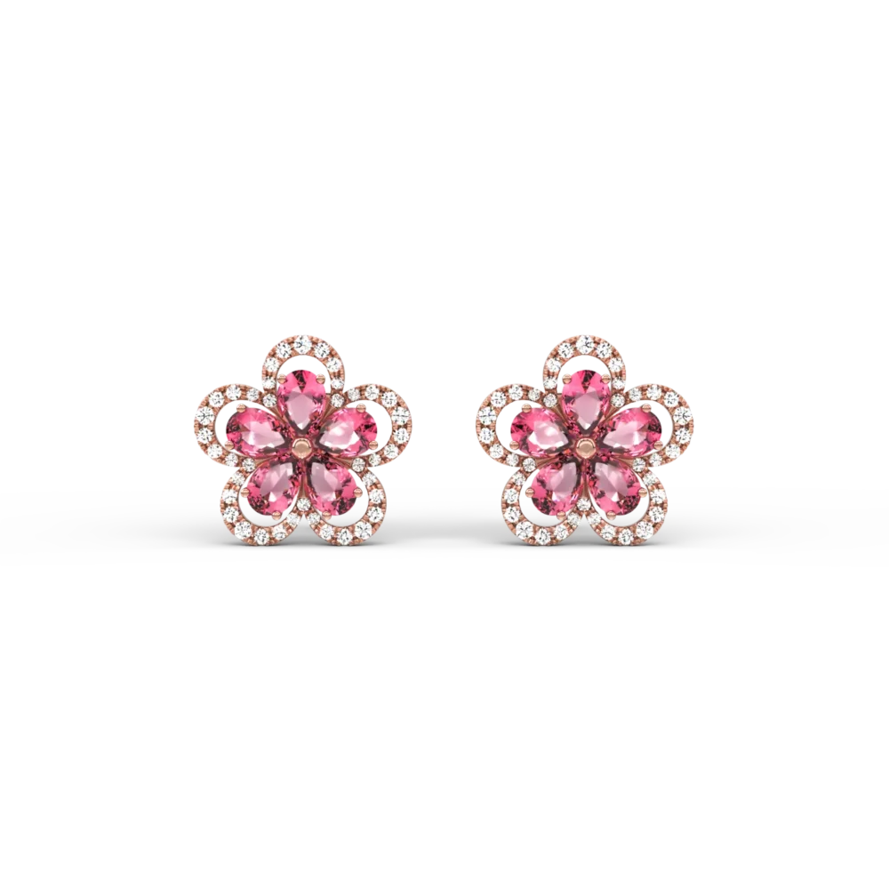 Cercei floare din aur roz cu turmaline roz pear de 2.1ct si diamante de 0.29ct - imagine 2