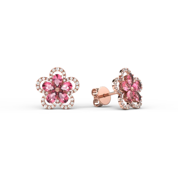 Cercei floare din aur roz cu turmaline roz pear de 2.1ct si diamante de 0.29ct