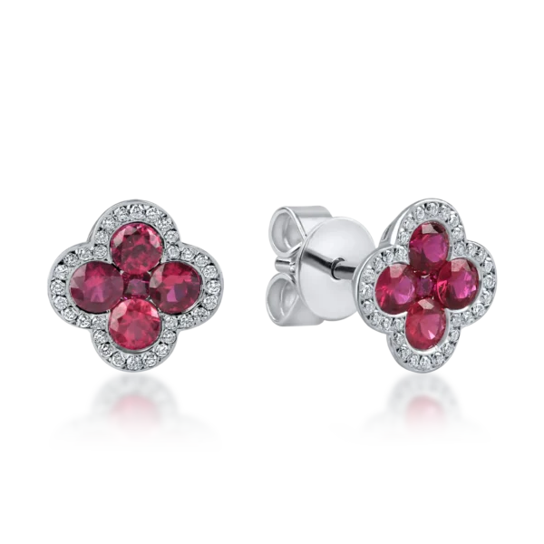 Cercei florali din aur alb cu rubine princess si rotunde de 1.54 si diamante de 0.35ct