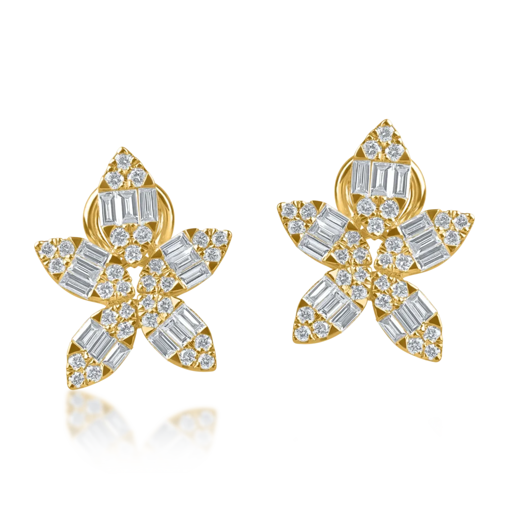 Cercei flori din aur galben cu diamante baguette si rotunde de 1.3ct - imagine 2