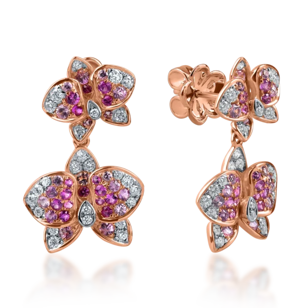 Cercei flori din aur roz cu safire roz de 0.8ct si diamante de 0.4ct