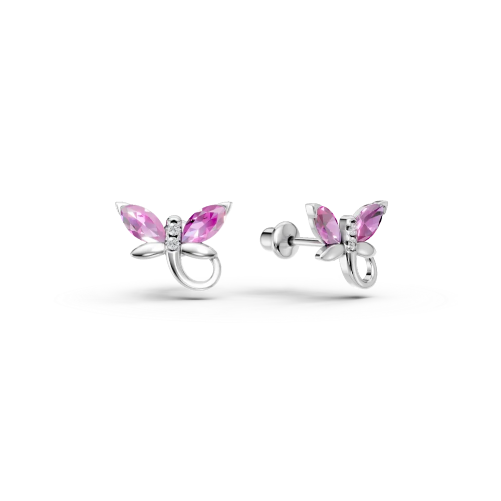 Cercei fluturasi din aur alb cu safire roz marquise de 0.3ct si diamante round de 0.01ct pentru copii