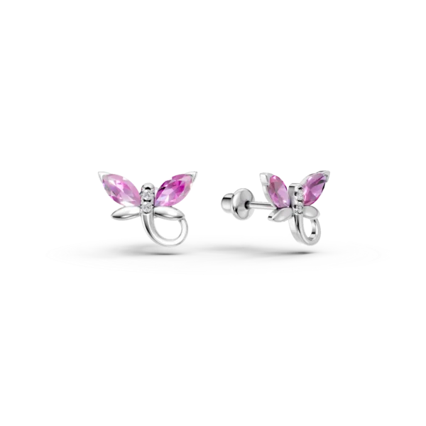 Cercei fluturasi din aur alb cu safire roz marquise de 0.3ct si diamante round de 0.01ct pentru copii