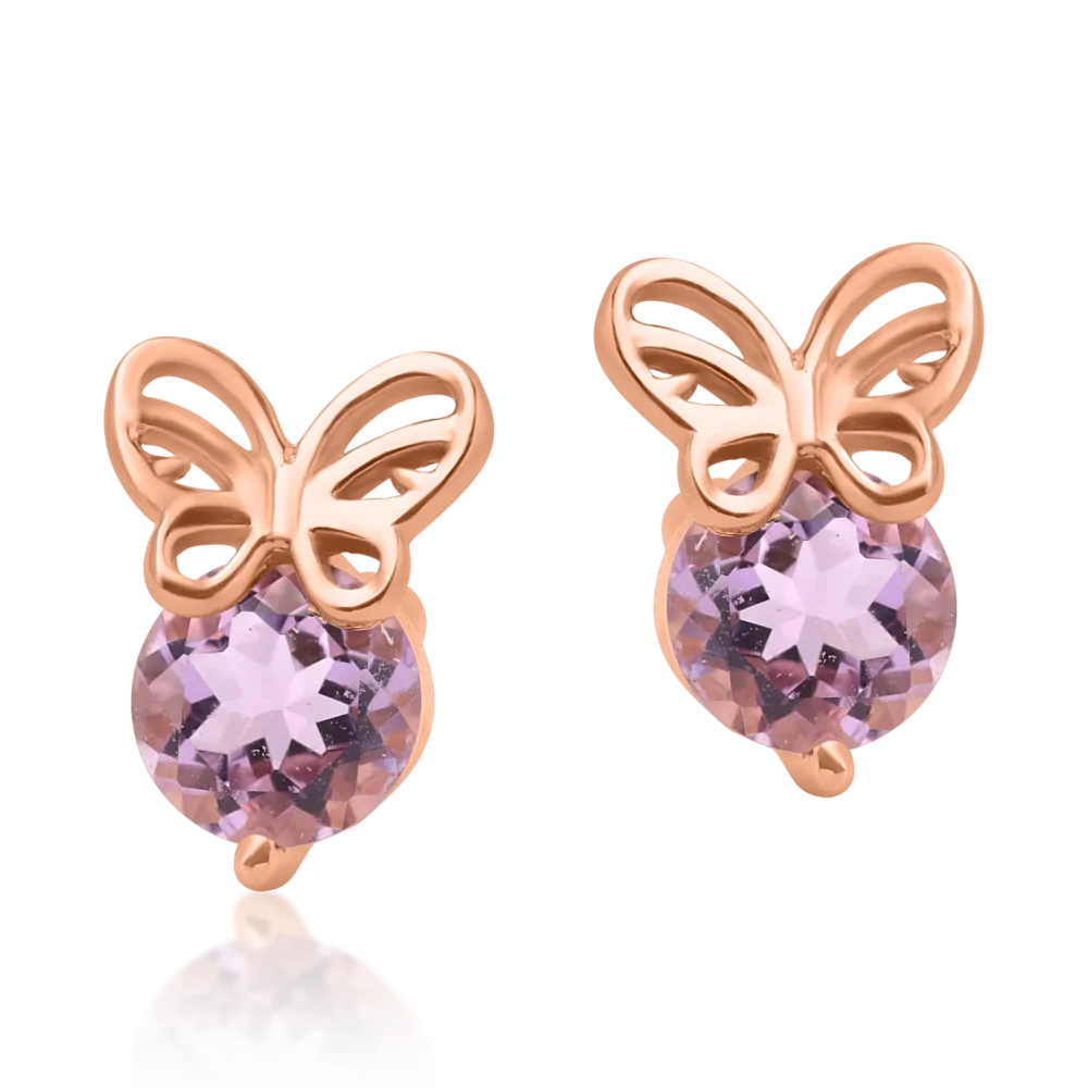 Cercei fluturasi pentru copii din aur roz cu ametiste roz de 0.53ct - imagine 2