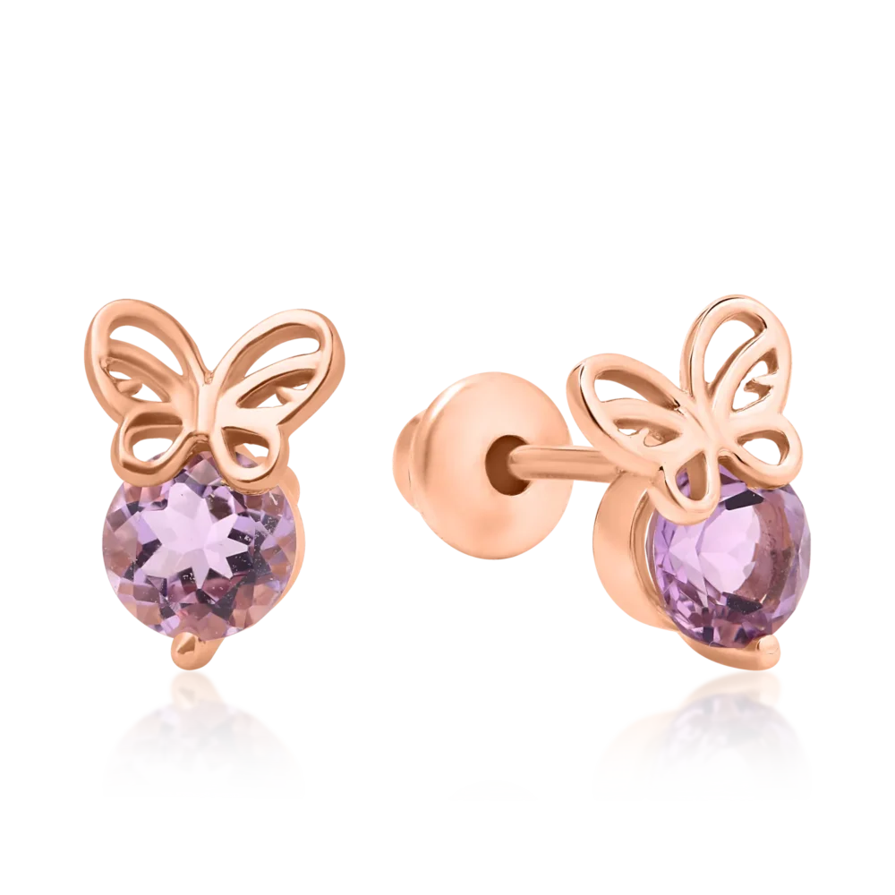 Cercei fluturasi pentru copii din aur roz cu ametiste roz de 0.53ct