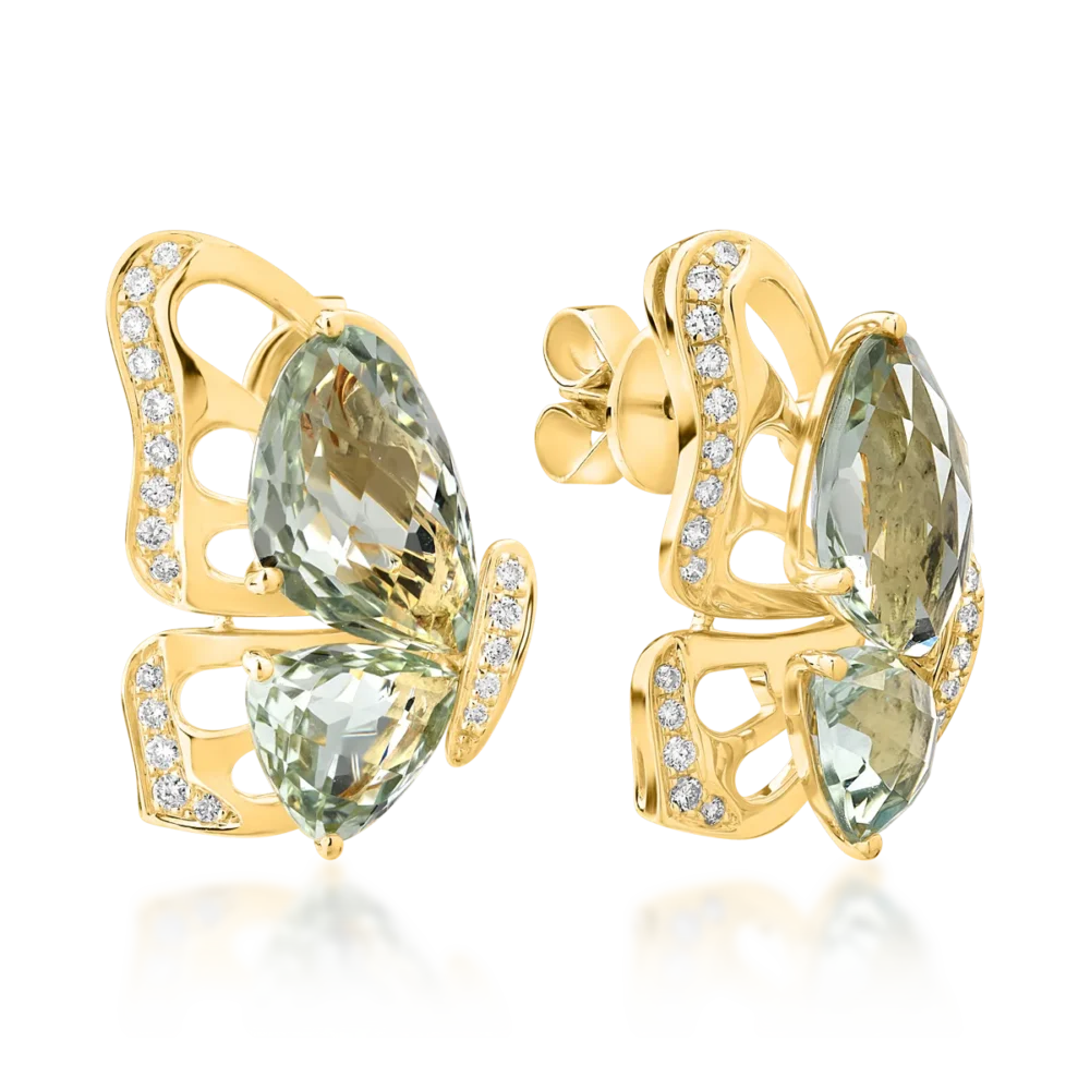Cercei fluture din aur galben cu ametiste verzi de 7.7ct si diamante de 0.28ct