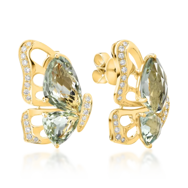 Cercei fluture din aur galben cu ametiste verzi de 7.7ct si diamante de 0.28ct