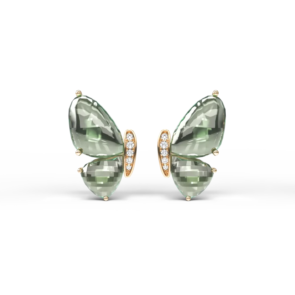 Cercei fluture din aur galben cu ametiste verzi de 8.5ct si diamante de 0.06ct - imagine 2