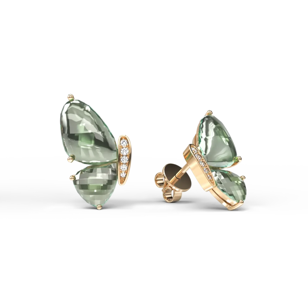 Cercei fluture din aur galben cu ametiste verzi de 8.5ct si diamante de 0.06ct