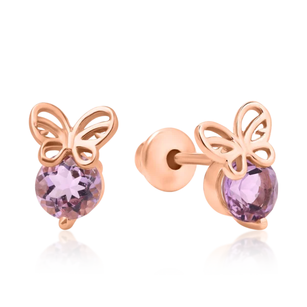 Cercei fluture din aur roz cu ametiste roz de 0.4ct pentru copii