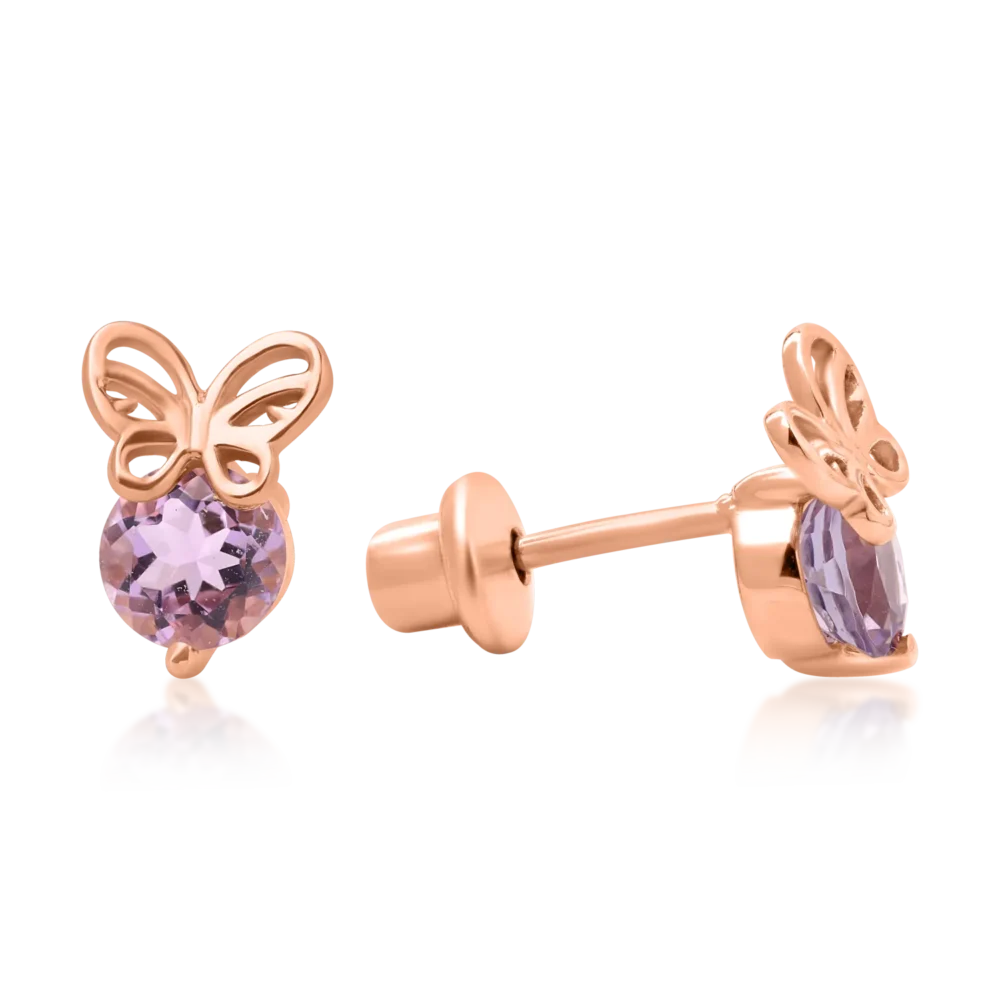 Cercei fluture din aur roz cu ametiste roz de 0.4ct pentru copii - imagine 3