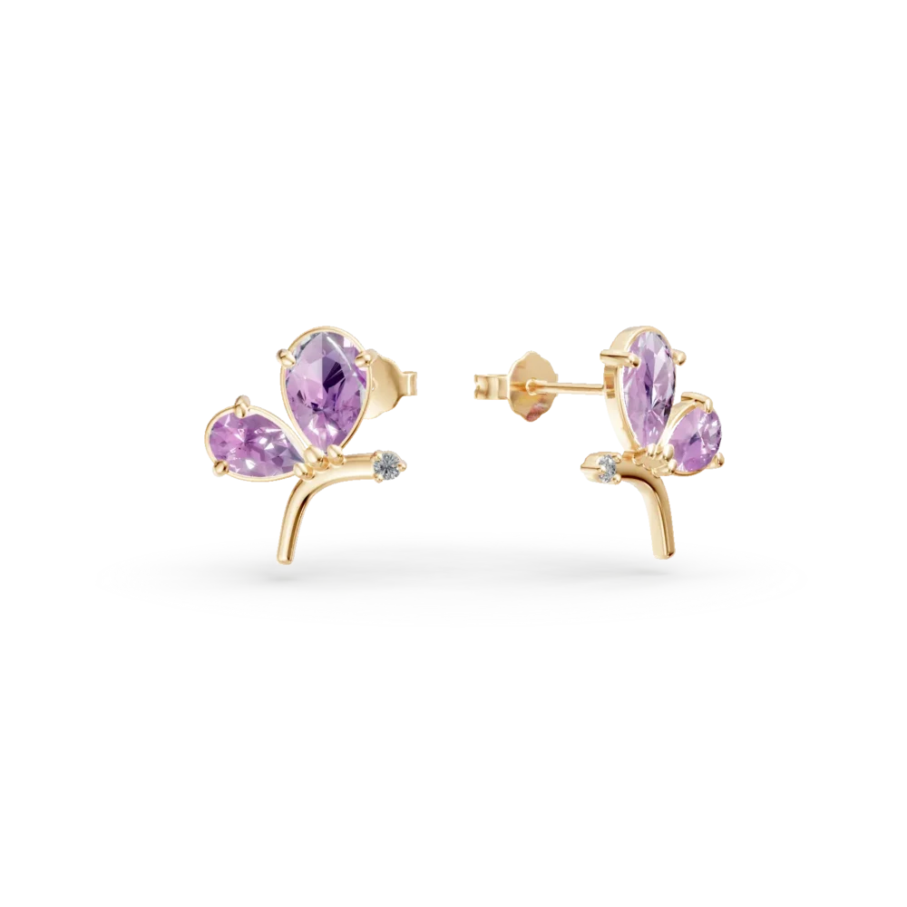 Cercei fluturi din aur galben cu ametiste pear de 1.7ct si zirconii