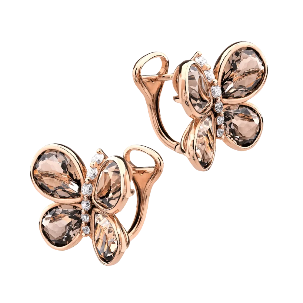 Cercei fluturi din aur roz cu quartz fumuriu pear de 7.865ct si diamante de 0.296ct