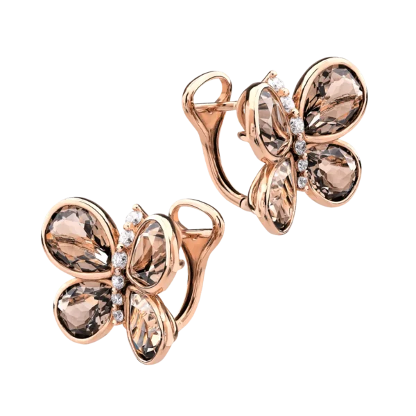 Cercei fluturi din aur roz cu quartz fumuriu pear de 7.865ct si diamante de 0.296ct