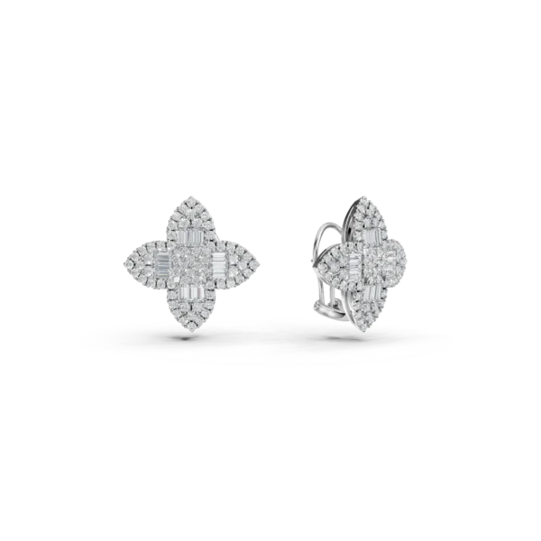 Cercei geometrici din aur alb cu diamante baguette si rotunde de 1.1ct