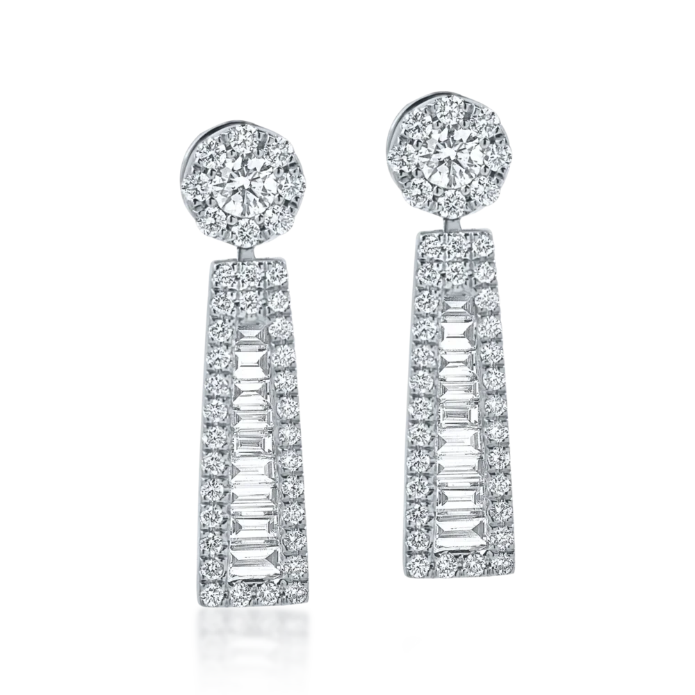 Cercei geometrici din aur alb cu diamante baguette si rotunde de 1.1ct - imagine 2