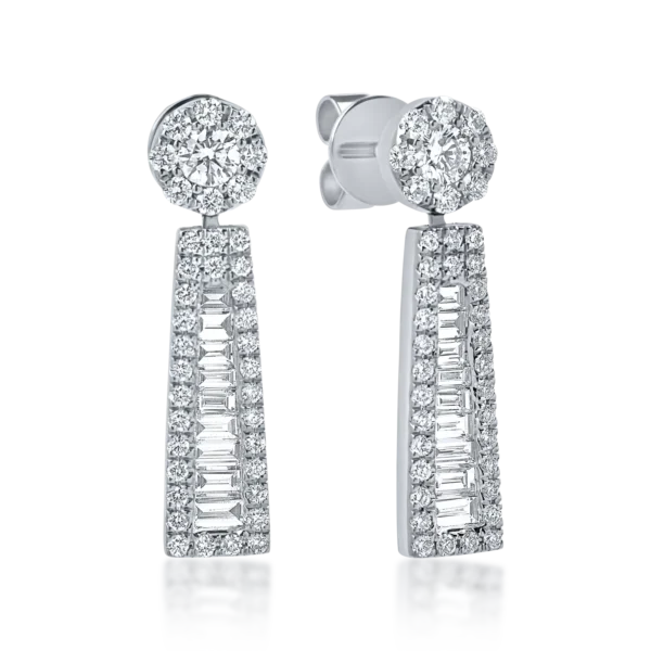 Cercei geometrici din aur alb cu diamante baguette si rotunde de 1.1ct