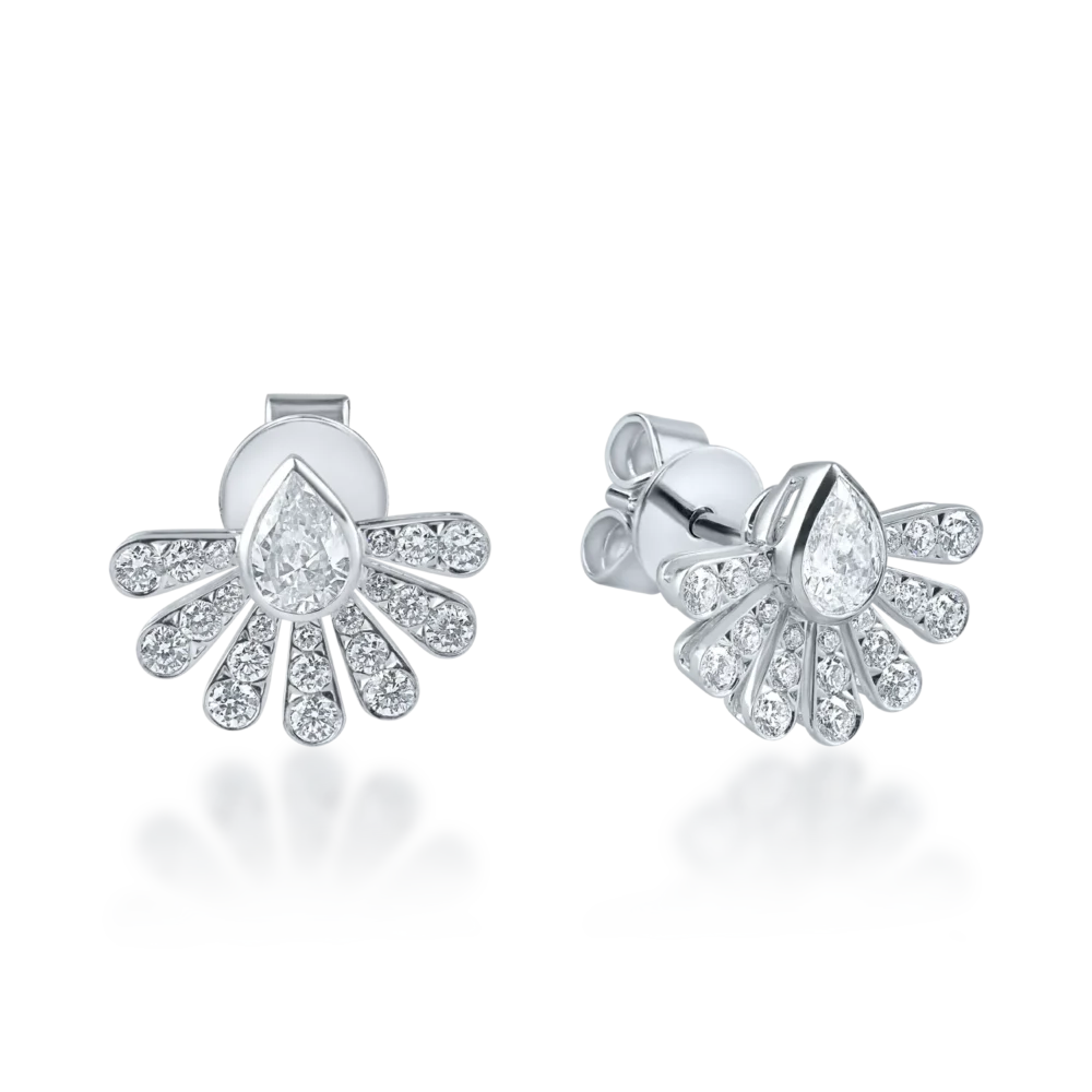 Cercei geometrici din aur alb cu diamante pear si rotunde de 1.26ct