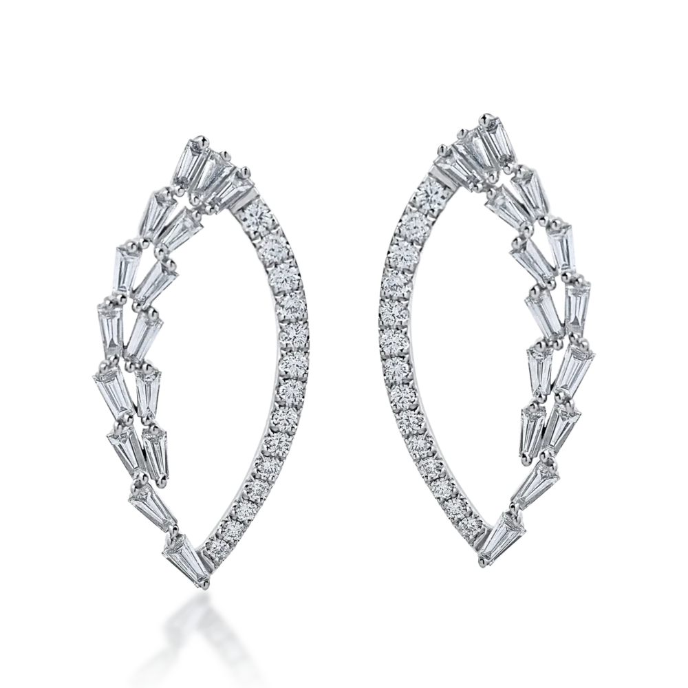 Cercei geometrici din aur alb cu diamante baguette si rotunde de 1.2ct - imagine 2