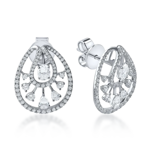 Cercei geometrici din aur alb cu diamante princess, ovale si rotunde de 1.36ct