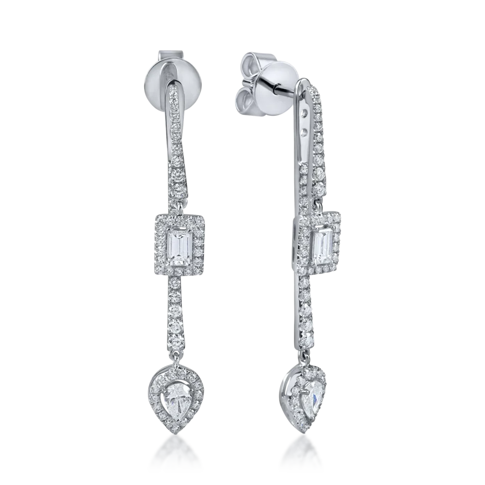 Cercei geometrici din aur alb cu diamante baguette, princess si rotunde de 1.55ct