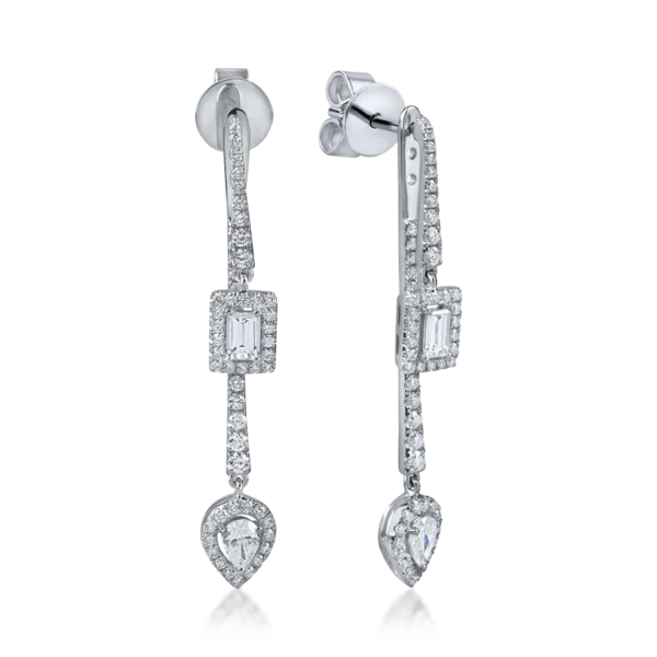 Cercei geometrici din aur alb cu diamante baguette, princess si rotunde de 1.55ct