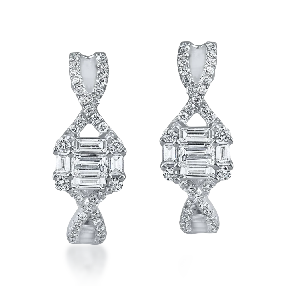 Cercei geometrici din aur alb cu diamante baguette si rotunde de 1ct - imagine 2