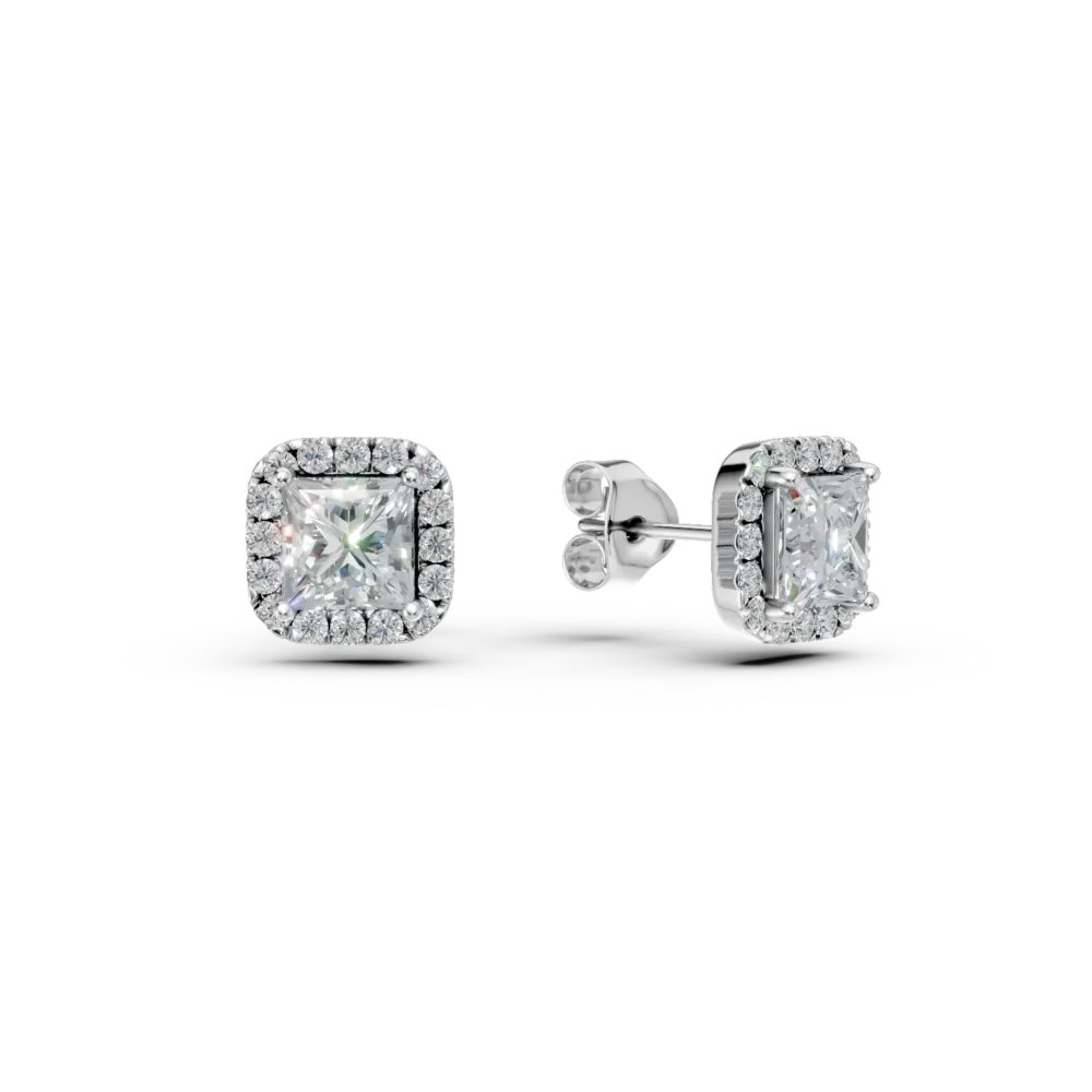 Cercei geometrici din aur alb cu diamante princess de 2ct create in laborator