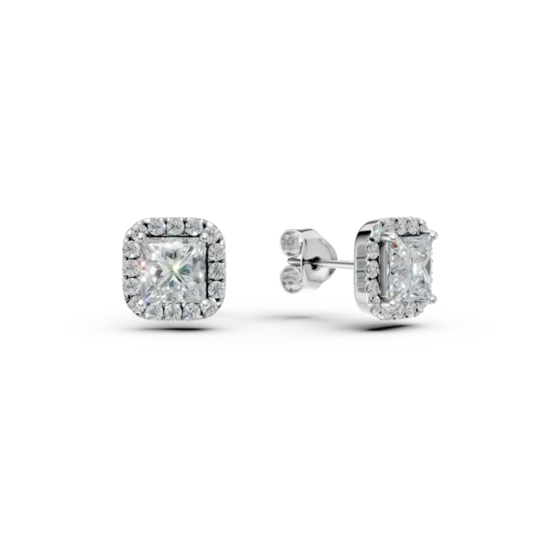 Cercei geometrici din aur alb cu diamante princess de 2ct create in laborator