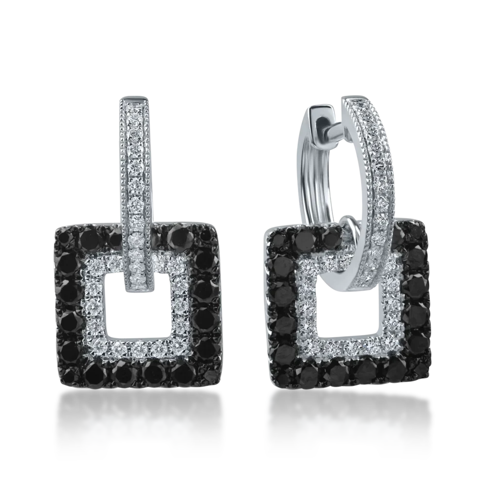 Cercei geometrici din aur alb cu diamante negre de 0.99ct si diamante incolore de 0.32ct