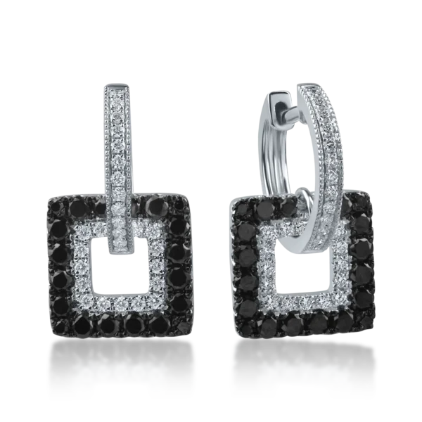 Cercei geometrici din aur alb cu diamante negre de 0.99ct si diamante incolore de 0.32ct