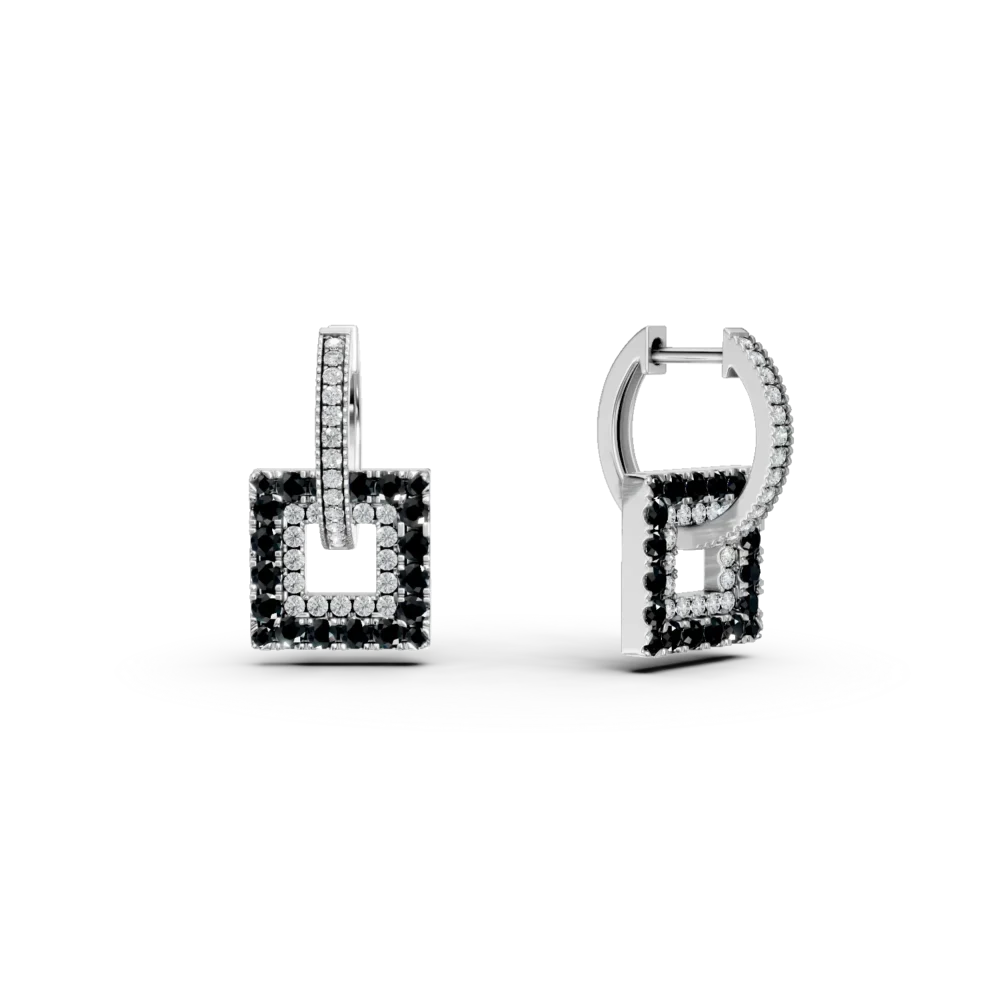 Cercei geometrici din aur alb cu diamante negre si incolore de 1.3ct
