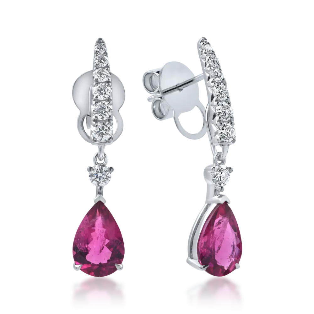 Cercei geometrici din aur alb cu rubelite pear si diamante de 2.8ct